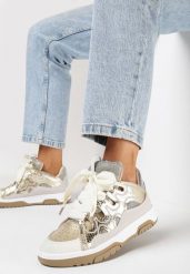 Złote Sneakersy z Ozdobnym Sznurowaniem i Brokatem Nevesa. Żółte obuwie sportowe damskie Born2be, bez zapięcia. Za 119.99 zł.
