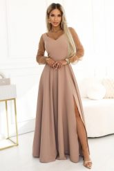 Długa suknia rozkloszowana z długim rękawem beżowa. Brązowe sukienki damskie NUMOCO, bez wzorów, z elastanu, eleganckie, bez ramiączek. Za 449.00 zł.