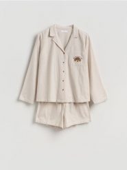 Dwuczęściowa piżama z bawełny - beżowy. Brązowe piżamy damskie Reserved, bez wzorów, z bawełny, bez ramiączek. Za 139.99 zł.