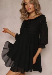 Czarna Sukienka z Rękawami 7/8 i Ozdobną Koronką Cascantha. Czarne sukienki damskie Renee, bez wzorów, z koronki, bez ramiączek. W wyprzedaży za 83.99 zł.