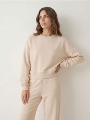 Krótka bluza crewneck - beżowy. Brązowe bluzy damskie Sinsay, l, bez wzorów, bez kaptura. Za 49.99 zł.