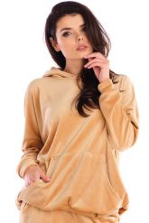 Welurowa Bluza Kangurka z Kapturem - Beżowa. Brązowe bluzy damskie Awama, uniwersalny, bez wzorów, z elastanu, z kapturem. Za 228.90 zł.