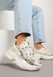 Złote Sneakersy na Platformie z Geometrycznym Wzorem Mevriane. Żółte obuwie sportowe damskie Renee, z jeansu, bez zapięcia. Za 99.99 zł.