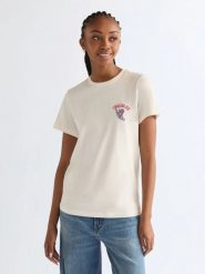 DAMSKA KOSZULKA WRANGLER SIGN OFF TEE WORN WHITE 112378332. Białe bluzki damskie Wrangler, l, bez wzorów, bez kołnierzyka, bez ramiączek. Za 79.99 zł.