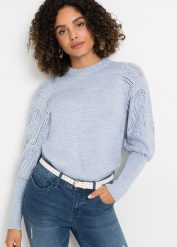 Sweter w ażurowy wzór. Niebieskie swetry klasyczne damskie bonprix, bez kołnierzyka. Za 134.99 zł.