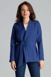 Szafirowy Stylowy Żakiet bez Zapięcia z Wiązanym Paskiem. Niebieskie marynarki i żakiety damskie Katrus, l, bez wzorów, z materiału, eleganckie. Za 299.00 zł.