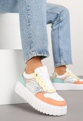 Biało-Pomarańczowe Sneakersy na Platformie z Tłoczeniem Ozdobione Panterką i Perforacją Udivaya. Białe obuwie sportowe damskie Renee, na lato, z jeansu, bez zapięcia. Za 79.99 zł.