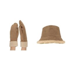 Rękawiczki damskie i kapelusz typu bucket zamszowe w kolorze piaskowym, rozmiar. Brązowe kapelusze damskie SARLINI, bez wzorów, z materiału, eleganckie. Za 197.80 zł.