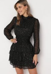 Czarna Elegancka Sukienka z Błyszczącymi Drobinkami i Falbankami Tinaria. Czarne sukienki damskie Born2be, bez wzorów, eleganckie, bez ramiączek. W wyprzedaży za 127.49 zł.
