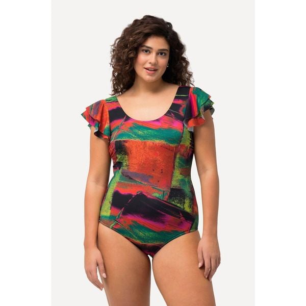 Damski Strój kąpielowy rękawy z falbankami miękkie miseczki okrągły dekolt. Zielone stroje jednoczęściowe Ulla Popken, bez wzorów, z elastanu. Za 244.99 zł.