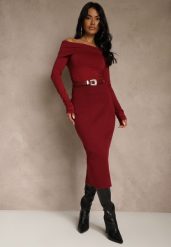 Bordowa Spódnica o Ołówkowym Kroju z Wiskozą z Paskiem i Rozcięciem Saweda. Czerwone spódnice damskie Renee, na co dzień, m, bez wzorów, z wiskozy, eleganckie, midi. Za 79.99 zł.