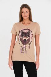 GUESS Brązowy t-shirt z wilkiem. Brązowe t-shirty damskie Guess, s, z aplikacjami, z bawełny, bez kołnierzyka. W wyprzedaży za 184.99 zł.