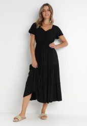 Czarna Sukienka z Wiskozy o Rozkloszowanym Kroju Folky. Czarne sukienki damskie Born2be, bez wzorów, z wiskozy, eleganckie, bez ramiączek. Za 59.99 zł.