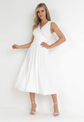 Biała Sukienka Midi Bez Rękawów z Plisowanym Dołem Dreana. Białe sukienki damskie Born2be, bez wzorów, eleganckie, bez ramiączek. W wyprzedaży za 161.49 zł.