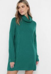 Ciemnozielony Golf Oversize o Wydłużonym Fasonie z Ozdobnym Wzorem Melisanda. Zielone golfy damskie Born2be, bez wzorów, bez ramiączek. Za 109.99 zł.