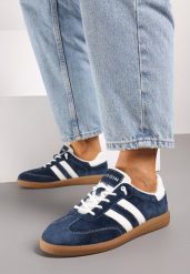 Granatowe Płaskie Skórzane Sneakersy Ozdobione Paskami Navilen. Niebieskie obuwie sportowe damskie Born2be, z jeansu, bez zapięcia. Za 89.99 zł.