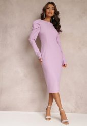 Fioletowa Liliowa Sukienka Taliowana z Bufiastym Rękawem Adarei. Fioletowe sukienki damskie Renee, bez wzorów, eleganckie, bez ramiączek. W wyprzedaży za 99.99 zł.
