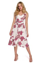 Midi Sukienka na Ramiączkach z Kwiatowym Nadrukiem - Model 2. Białe sukienki damskie MOE, bez wzorów, z materiału, wizytowe, bez ramiączek. Za 345.90 zł.