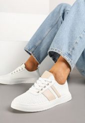 Beżowo-Białe Tenisówki z Ozdobnymi Paskami Naviritte. Brązowe obuwie sportowe damskie Born2be, bez zapięcia, tenisowe. Za 59.99 zł.