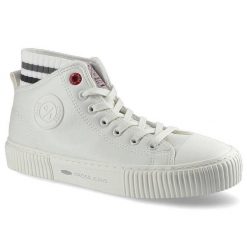 Białe Sneakersy Cross Jeans Damskie Stylowe Buty. Białe obuwie sportowe damskie Cross Jeans, na wiosnę, z dzianiny, przed kolano, bez zapięcia. Za 119.00 zł.
