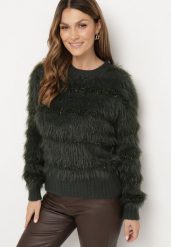 Ciemnozielony Puchaty Sweter z Wełną i Ściągaczami Exenevia. Zielone swetry klasyczne damskie Born2be, na zimę, z wełny, bez kołnierzyka. Za 74.99 zł.