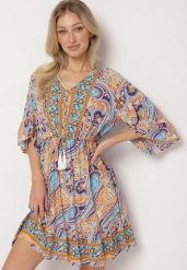 Jasnoniebieska Sukienka z Bawełny z Frędzlami i Wzorem Boho Cleamora. Niebieskie sukienki damskie Born2be, bez wzorów, z bawełny, boho, bez ramiączek. Za 89.99 zł.