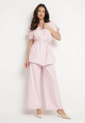 Różowy Garniturowy Komplet Marynarka z Paskiem i Szerokie Spodnie Milsedi. Czerwone marynarki i żakiety damskie Born2be, m, bez wzorów, eleganckie. Za 159.99 zł.
