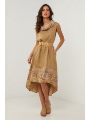 Le Monde du Lin Lniana sukienka w kolorze jasnobrązowym rozmiar: 38/40. Brązowe sukienki damskie Le Monde du Lin, bez wzorów, ze lnu, klasyczne, bez ramiączek. Za 199.95 zł.