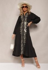Czarna Midi Sukienka o Trapezowym Kroju z Ozdobnymi Haftami w Stylu Boho Tactila. Czarne sukienki damskie Renee, bez wzorów, boho, bez ramiączek. W wyprzedaży za 159.99 zł.