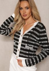 Czarno-Biały Krótki Kardigan z Napisami Fashion i Guzikami Winifa. Czarne kardigany damskie Renee, bez wzorów. Za 49.99 zł.