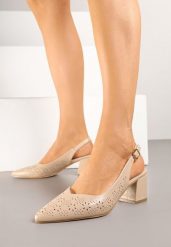 Ciemnobeżowe Sandały Vices na Słupku Slingback z Ażurową Cholewką i Skórzaną Wkładką Tiranis. Brązowe sandały damskie Renee, w ażurowe wzory, bez obcasa, na obcasie, bez zapięcia. Za 59.99 zł.
