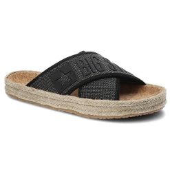 Klapki damskie Big Star, materiał tekstylny z szerokim paskiem z logo na cholewce miękką wkładką, czarne, JJ274717. Czarne klapki damskie Big Star, bez wzorów, z materiału, bez obcasa, bez zapięcia. Za 109.00 zł.