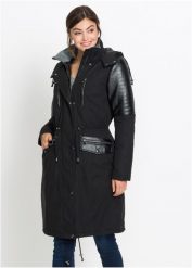 Długa parka z wstawkami ze sztucznej skóry. Czarne parki damskie bonprix, ze skóry, z kapturem. Za 329.99 zł.