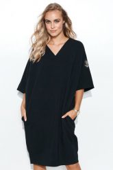 Oversizowa Sukienka w Serek z Dzianiny Dresowej - Czarna. Czarne sukienki damskie Makadamia, bez wzorów, z bawełny, bez ramiączek. Za 249.90 zł.