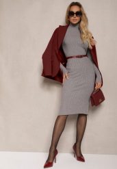 Szara Dopasowana Prążkowana Sukienka Sweterkowa z Golfem Wełną Bawełną i Kaszmirem Vaiovia. Szare sukienki damskie Renee, bez wzorów, z bawełny, eleganckie, bez ramiączek. W wyprzedaży za 63.99 zł.