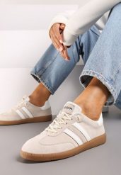 Beżowe Płaskie Skórzane Sneakersy Ozdobione Paskami Navilen. Brązowe obuwie sportowe damskie Born2be, z jeansu, bez zapięcia. Za 229.99 zł.