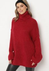 Bordowy Golf Oversize z Dzianiny z Wełną i Moherem Temittes. Czerwone golfy damskie Born2be, bez wzorów, z dzianiny, bez ramiączek. Za 169.99 zł.