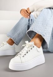 Białe Sneakersy na Platformie z Ozdobnymi Cyrkoniami Aviriel. Białe obuwie sportowe damskie Renee, z jeansu, bez zapięcia, trekkingowe. Za 79.99 zł.