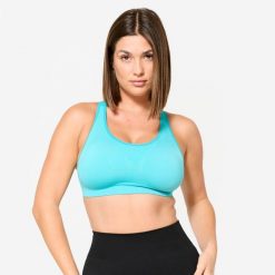 Stanik sportowy Decathlon. Zielone biustonosze sportowe damskie KALENJI, bez wzorów, z elastanu. Za 29.99 zł.