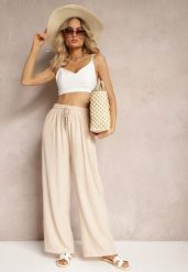 Beżowe Spodnie High Waist ze Sznurkiem w Talii i Prostą Nogawką Raveann. Brązowe spodnie materiałowe damskie Renee, bez wzorów, z jeansu. Za 39.99 zł.