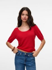 Vero Moda Koszulka w kolorze czerwonym rozmiar: M. Czerwone bluzki damskie Vero Moda, m, bez wzorów, ze splotem, bez kołnierzyka, bez ramiączek. Za 85.95 zł.