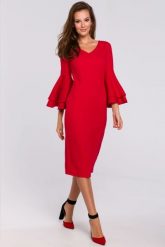 Sukienka na wesele elegancka z bufiastymi rękawami czerwona. Czerwone sukienki damskie Makover, bez wzorów, eleganckie, bez ramiączek. Za 309.00 zł.