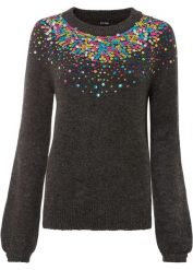 Sweter z cekinami. Szare swetry klasyczne damskie bonprix, bez kołnierzyka. Za 127.99 zł.