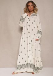 Biało-Zielona Rozkloszowana Sukienka Ozdobiona Haftem i Wzorem Boho Ronavere. Białe sukienki damskie Renee, bez wzorów, boho, bez ramiączek. W wyprzedaży za 151.99 zł.