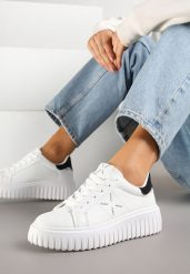 Biało-Czarne Sneakersy na Platformie z Tłoczeniem i Brokatową Wstawką Nuselin. Białe obuwie sportowe damskie Renee, z jeansu, bez zapięcia. Za 74.99 zł.