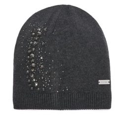 Czapka Guess. Szare czapki damskie Guess, na zimę, z aplikacjami. Za 154.99 zł.