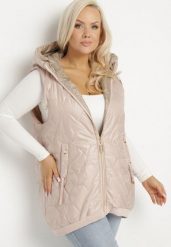 Jasnobeżowa Kamizelka Pikowana z Kapturem i Ściągaczami Kolavira. Brązowe kamizelki damskie Born2be, plus size, bez wzorów, z jeansu, z kapturem. Za 159.99 zł.