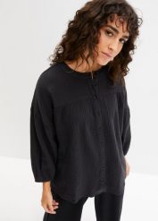 Bluzka oversize z muślinu. Czarne bluzki damskie bonprix, bez wzorów, z bawełny, bez kołnierzyka, bez ramiączek. Za 109.99 zł.