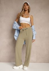 Zielone Spodnie o Szerokim Kroju High Waist Savianne. Zielone spodnie materiałowe damskie Renee, bez wzorów, z jeansu. Za 44.99 zł.