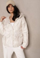 Biała Pikowana Kurtka w Stylu Utility z Kapturem Hiredia. Białe kurtki damskie Renee, l, bez wzorów, z jeansu, z kapturem. Za 219.99 zł.